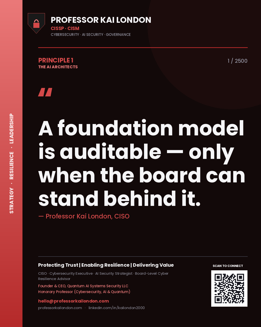 Quote card by Professor Kai London reading 'A foundation model is auditable — only when the board can stand behind it.'. From the book The AI Architects.
