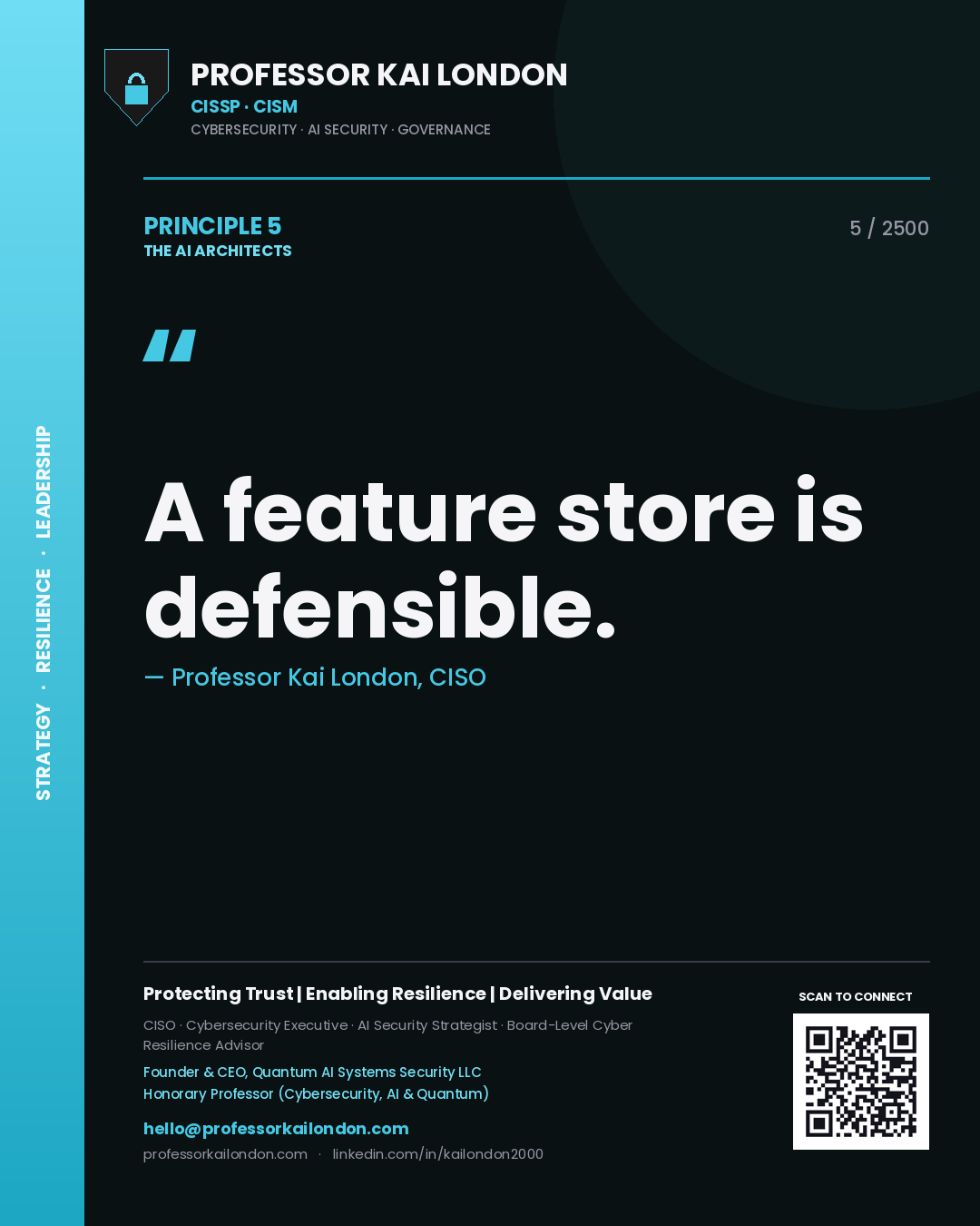 Quote card by Professor Kai London reading 'A feature store is defensible.'. From the book The AI Architects.