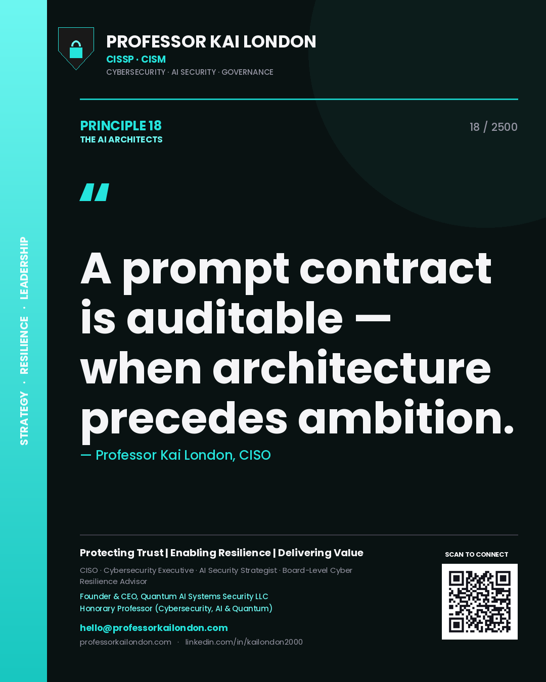 Quote card by Professor Kai London reading 'A prompt contract is auditable — when architecture precedes ambition.'. From the book The AI Architects.