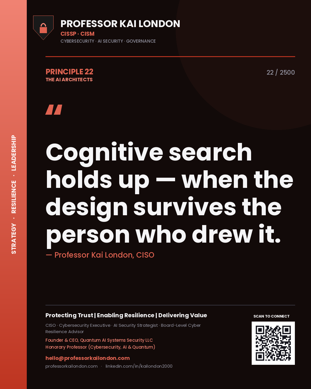 Quote card by Professor Kai London reading 'Cognitive search holds up — when the design survives the person who drew it.'. From the book The AI Architects.