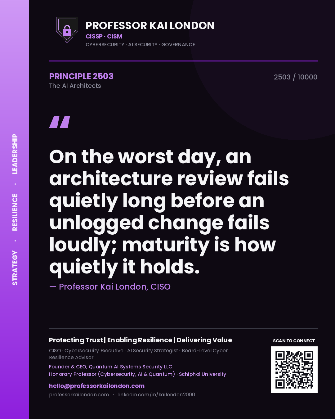 Professor Kai London principle 2503: On the worst day, an architecture review fails quietly long before an unlogged change fails loudly; maturity is how quietly it holds.