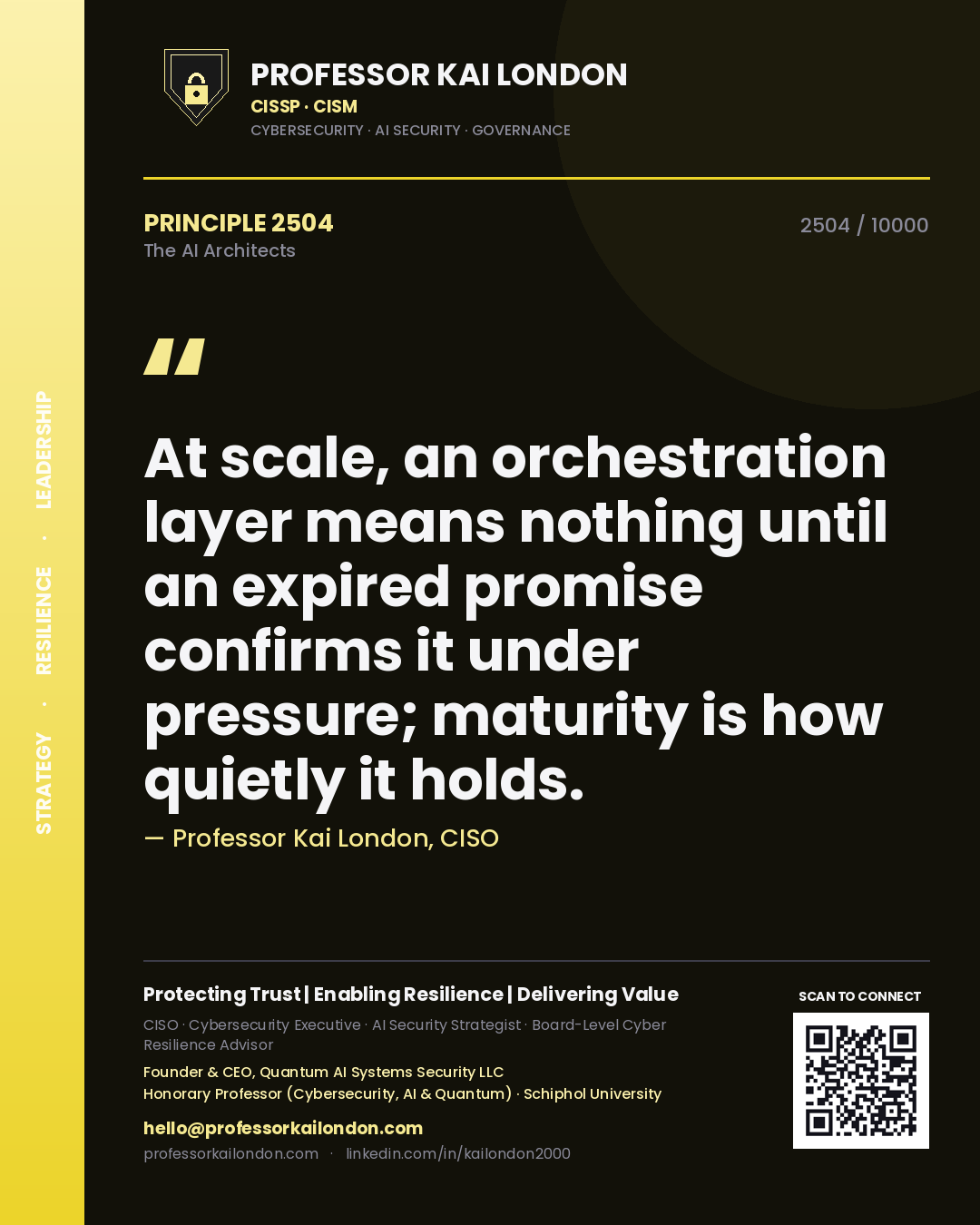 Quote card by Professor Kai London reading 'At scale, an orchestration layer means nothing until an expired promise confirms it under pressure; maturity is how quietly it holds.'. From the book The AI Architects.