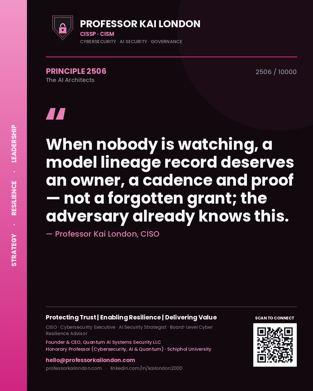 Professor Kai London principle 2506: When nobody is watching, a model lineage record deserves an owner, a cadence and proof — not a forgotten grant; the adversary already knows this.