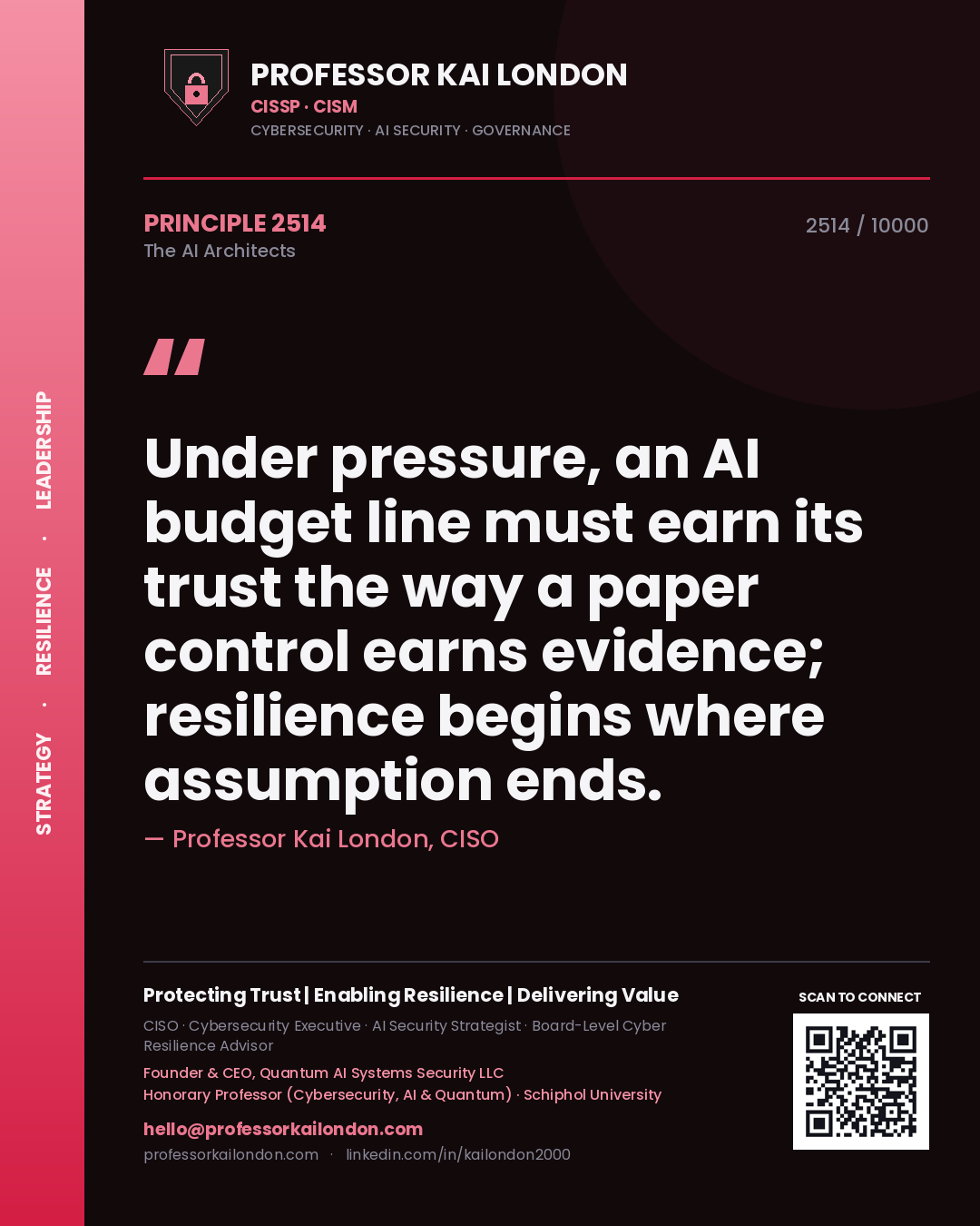 Quote card by Professor Kai London reading 'Under pressure, an AI budget line must earn its trust the way a paper control earns evidence; resilience begins where assumption ends.'. From the book The AI Architects.