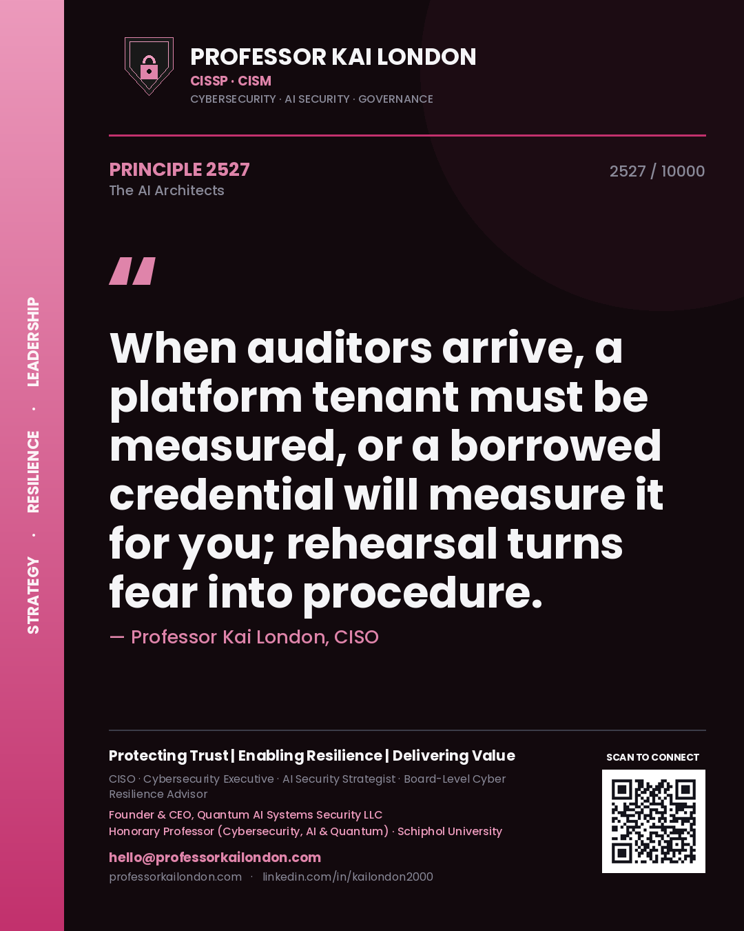 Professor Kai London principle 2527: When auditors arrive, a platform tenant must be measured, or a borrowed credential will measure it for you; rehearsal turns fear into procedure.