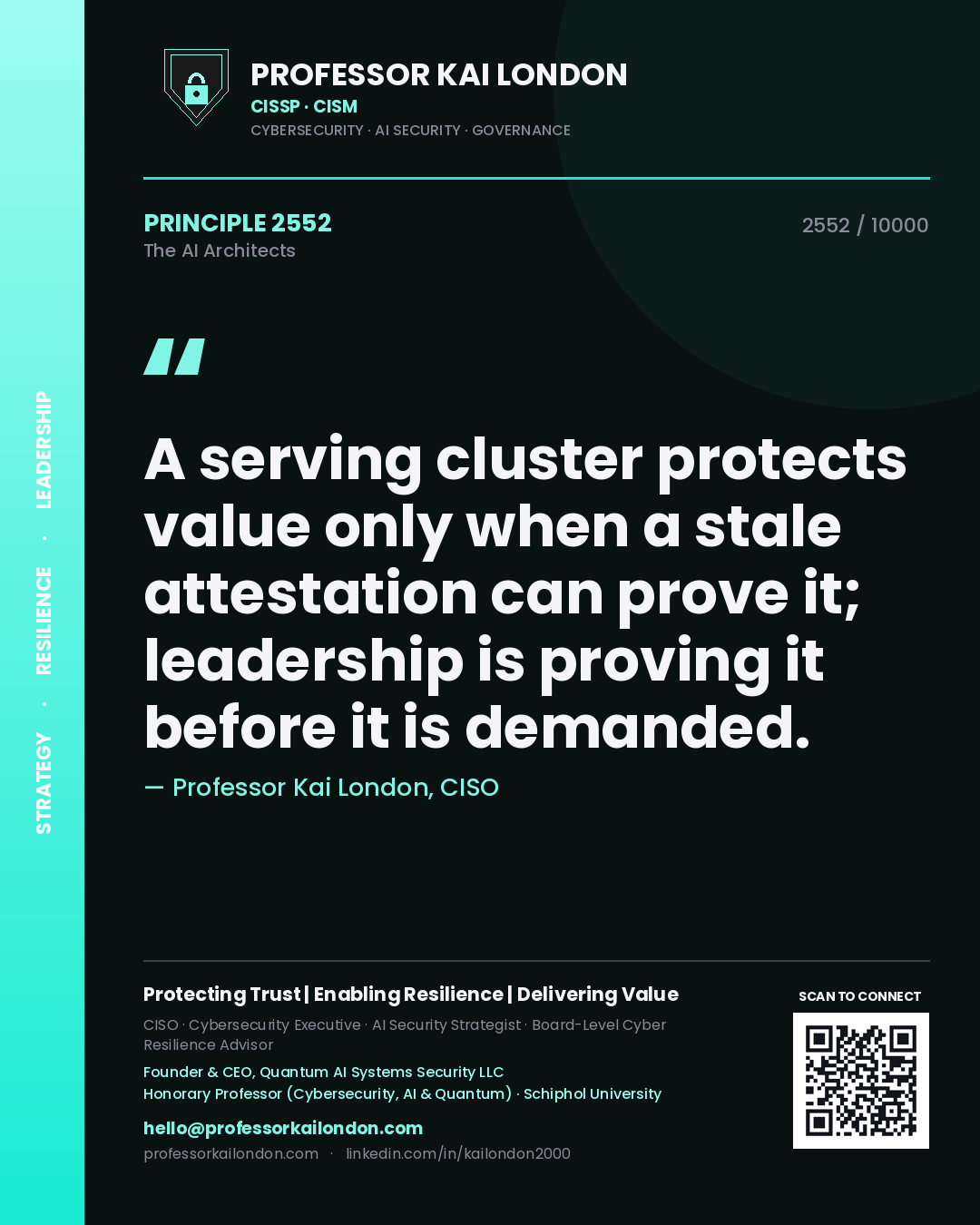 Professor Kai London principle 2552: A serving cluster protects value only when a stale attestation can prove it; leadership is proving it before it is demanded.