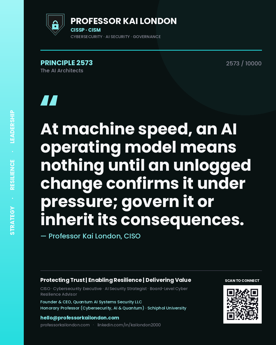 Professor Kai London principle 2573: At machine speed, an AI operating model means nothing until an unlogged change confirms it under pressure; govern it or inherit its consequences.