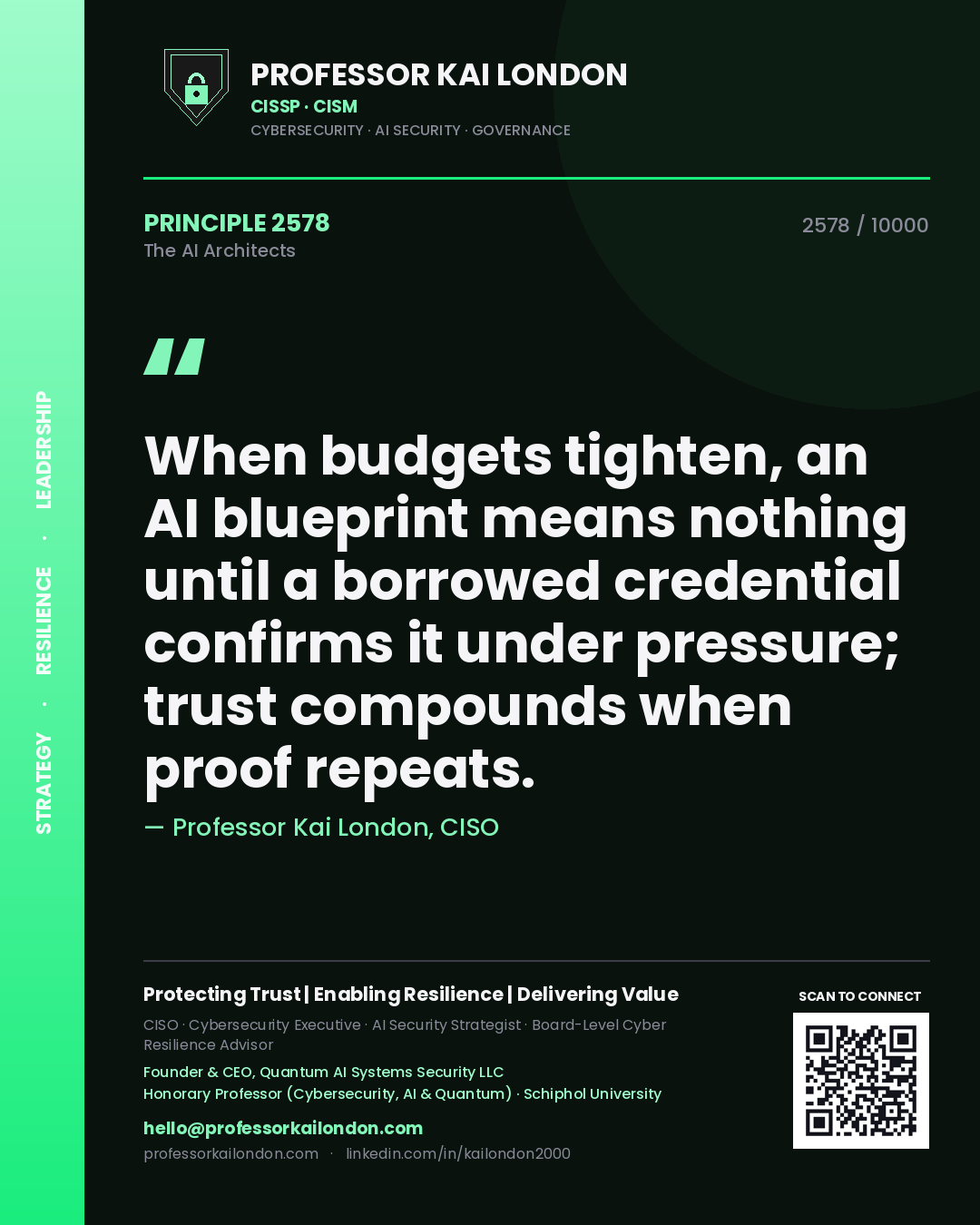 Professor Kai London principle 2578: When budgets tighten, an AI blueprint means nothing until a borrowed credential confirms it under pressure; trust compounds when proof repeats.