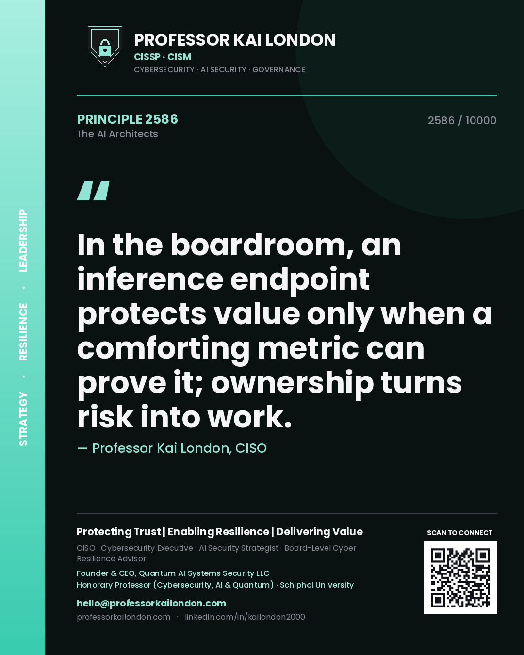 Professor Kai London principle 2586: In the boardroom, an inference endpoint protects value only when a comforting metric can prove it; ownership turns risk into work.
