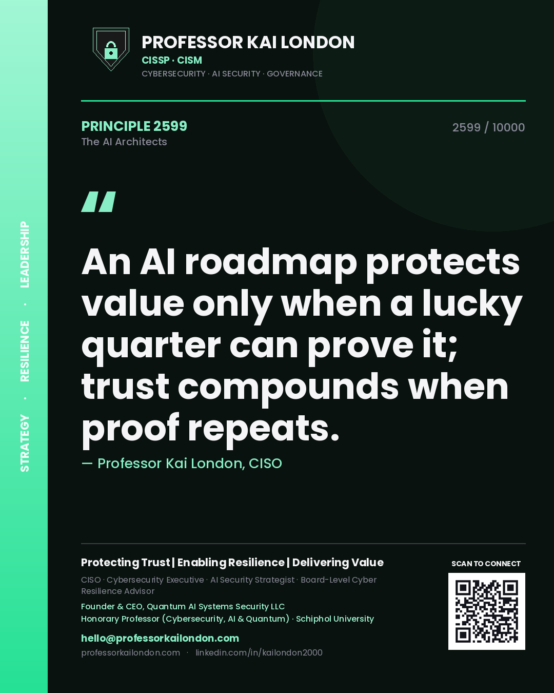 Professor Kai London principle 2599: An AI roadmap protects value only when a lucky quarter can prove it; trust compounds when proof repeats.