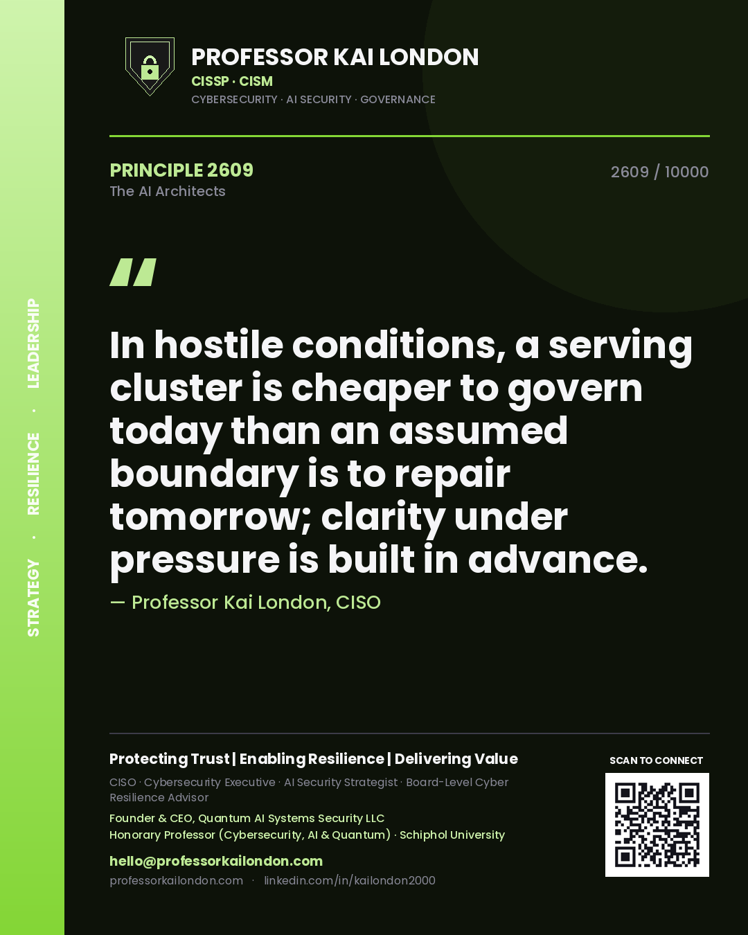 Professor Kai London principle 2609: In hostile conditions, a serving cluster is cheaper to govern today than an assumed boundary is to repair tomorrow; clarity under pressure is built in advance.