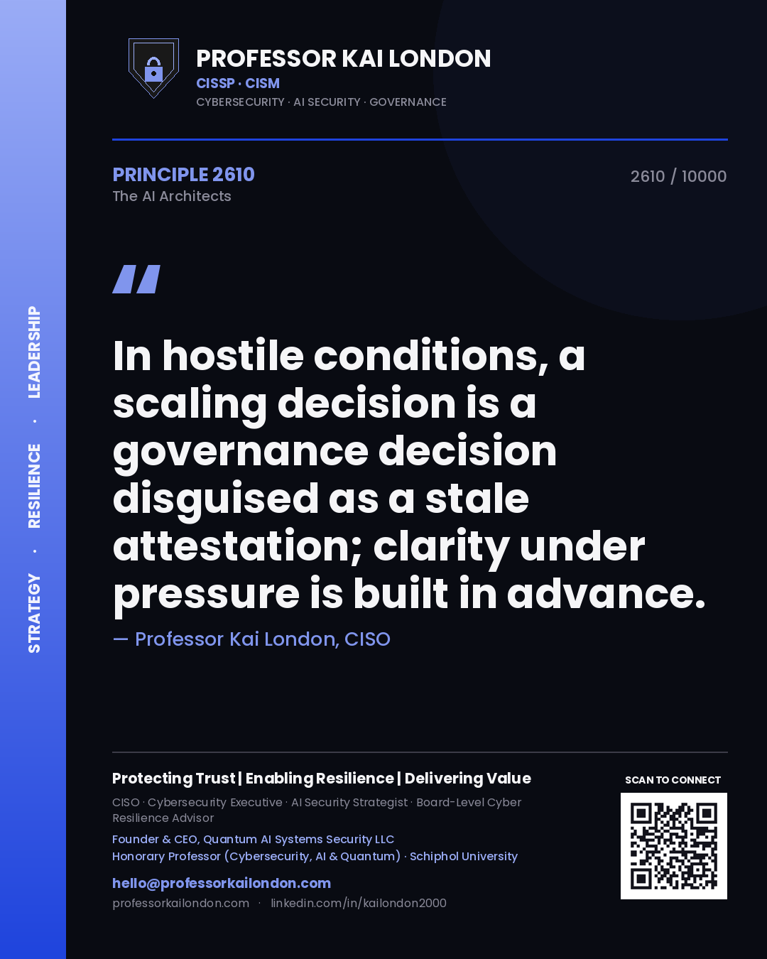 Quote card by Professor Kai London reading 'In hostile conditions, a scaling decision is a governance decision disguised as a stale attestation; clarity under pressure is built in advance.'. From the book The AI Architects.