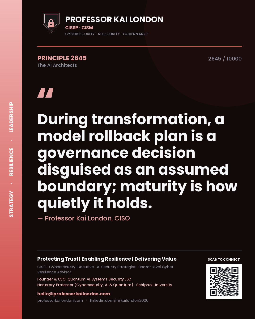 Quote card by Professor Kai London reading 'During transformation, a model rollback plan is a governance decision disguised as an assumed boundary; maturity is how quietly it holds.'. From the book The AI Architects.
