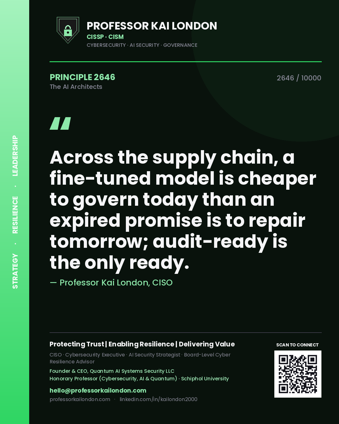 Quote card by Professor Kai London reading 'Across the supply chain, a fine-tuned model is cheaper to govern today than an expired promise is to repair tomorrow; audit-ready is the only ready.'. From the book The AI Architects.