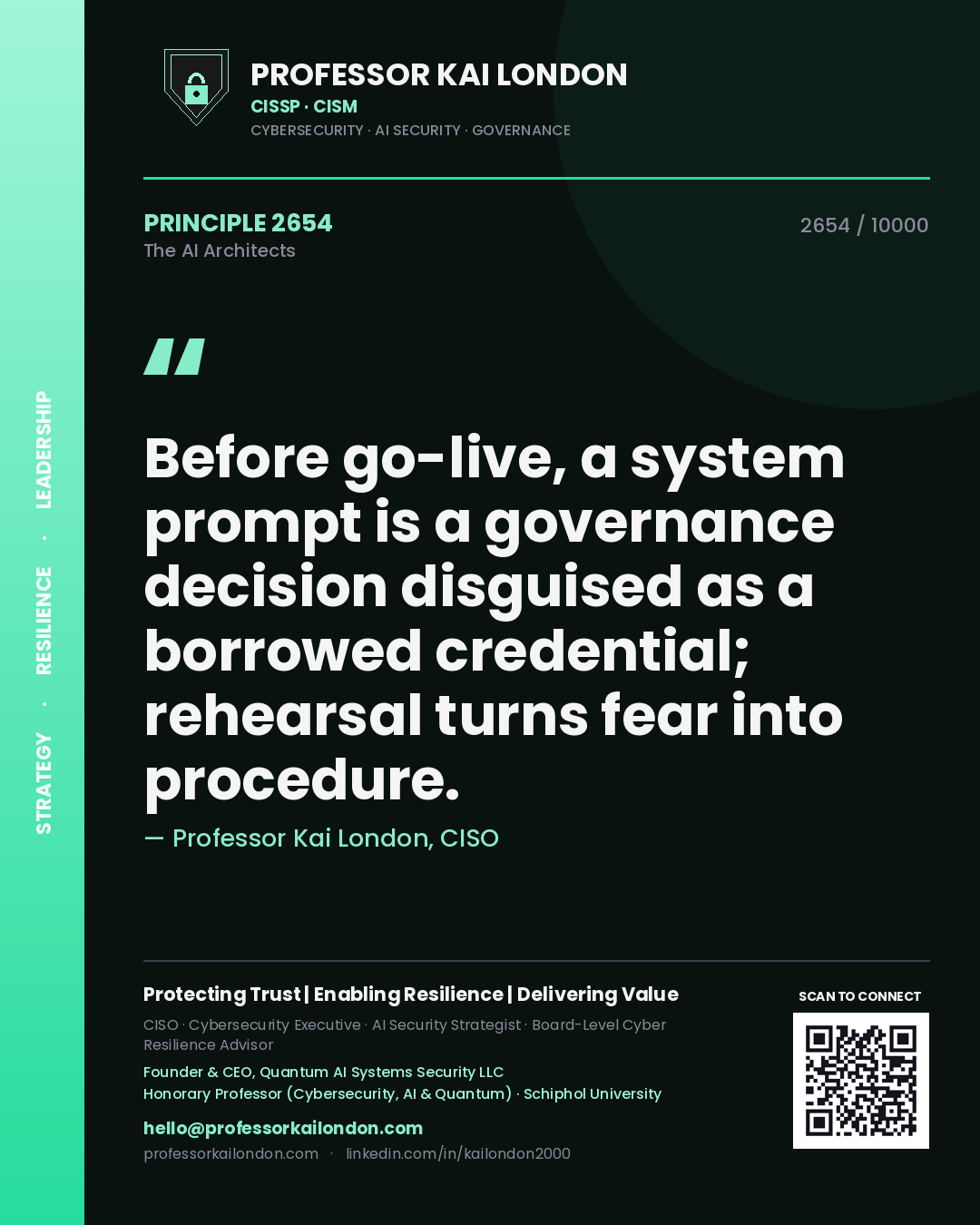 Professor Kai London principle 2654: Before go-live, a system prompt is a governance decision disguised as a borrowed credential; rehearsal turns fear into procedure.