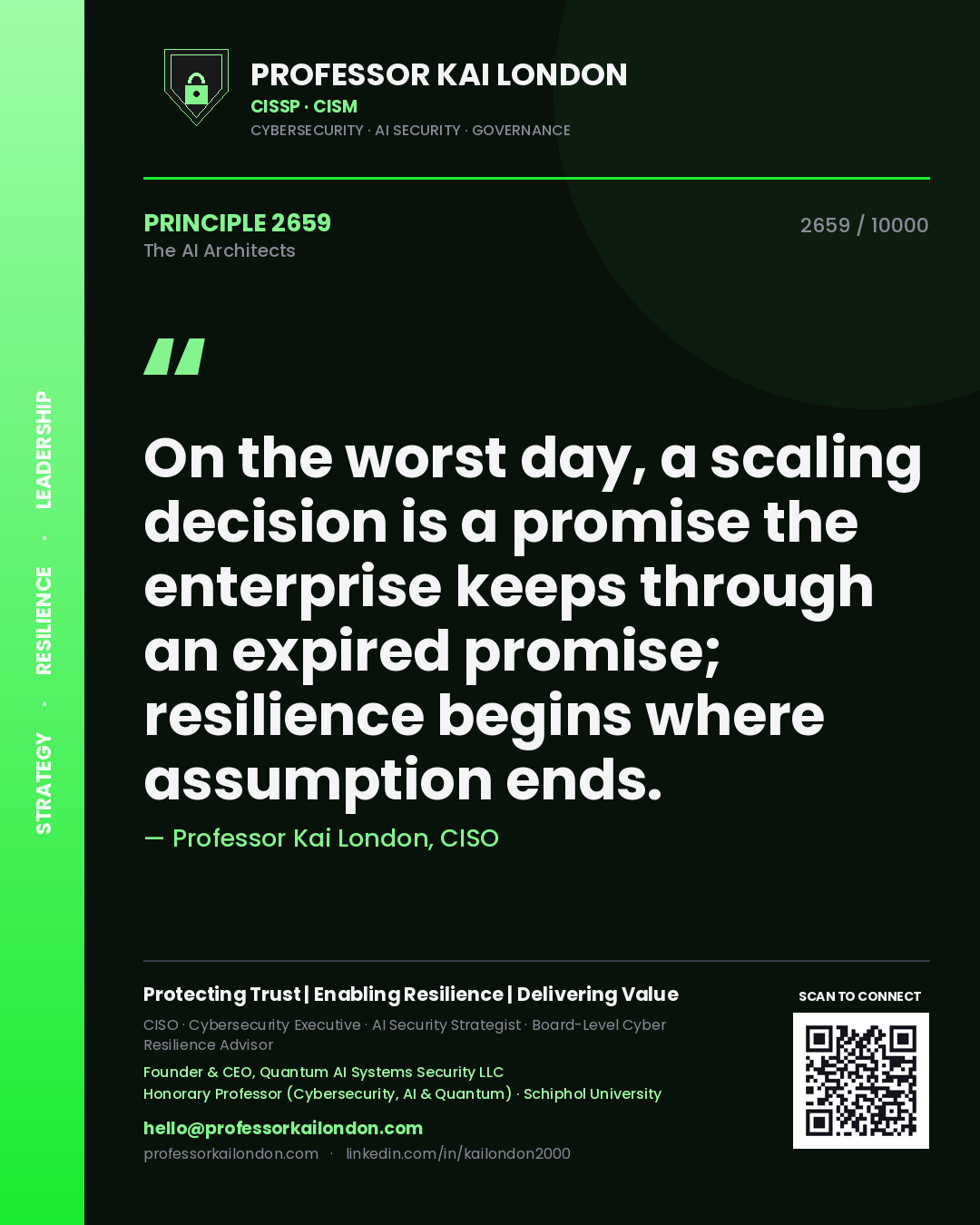 Professor Kai London principle 2659: On the worst day, a scaling decision is a promise the enterprise keeps through an expired promise; resilience begins where assumption ends.