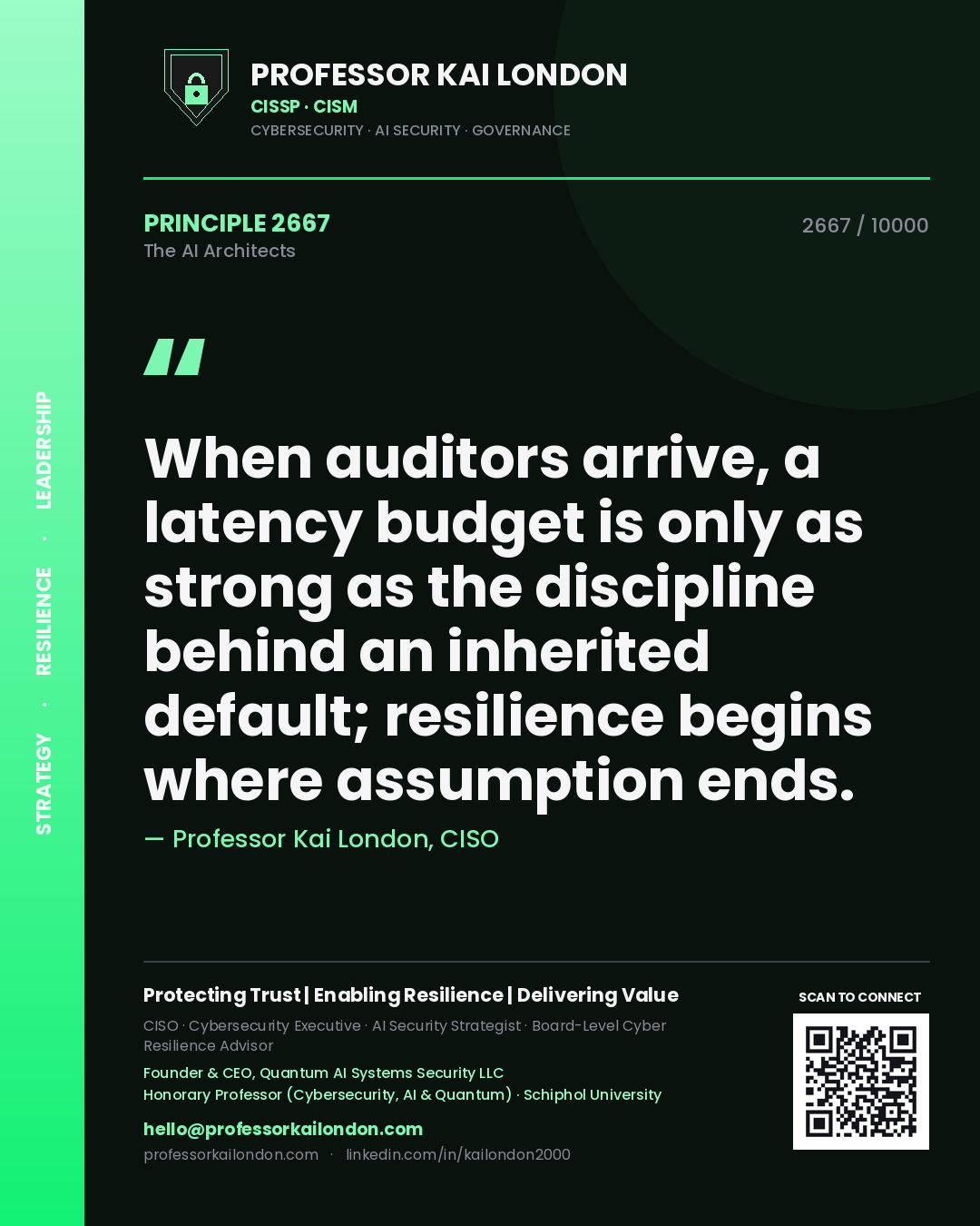 Quote card by Professor Kai London reading 'When auditors arrive, a latency budget is only as strong as the discipline behind an inherited default; resilience begins where assumption ends.'. From the book The AI Architects.