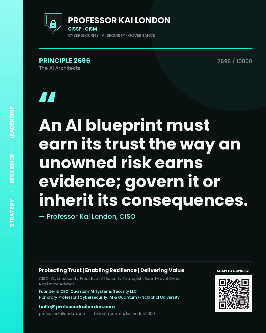 Quote card by Professor Kai London reading 'An AI blueprint must earn its trust the way an unowned risk earns evidence; govern it or inherit its consequences.'. From the book The AI Architects.