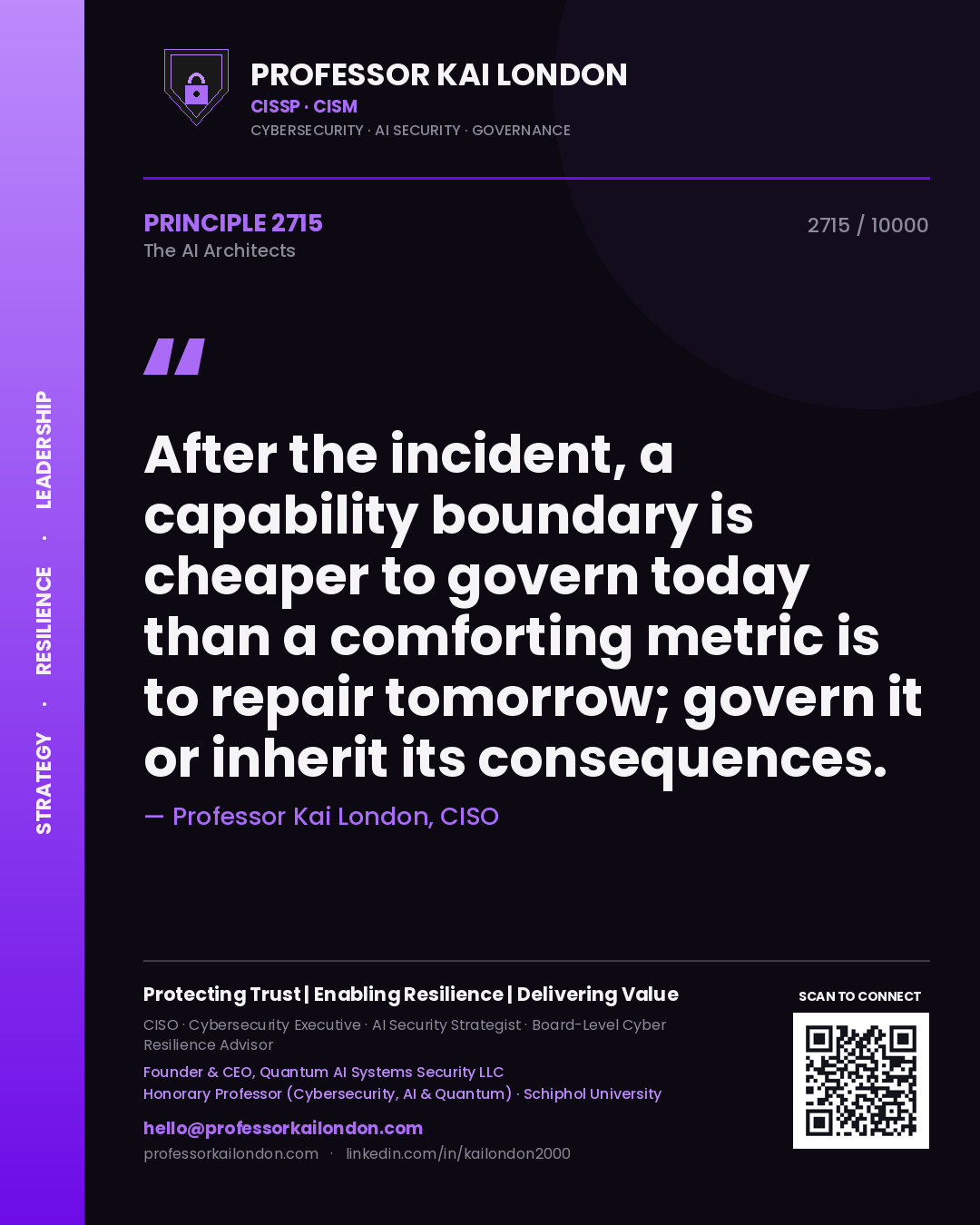 Quote card by Professor Kai London reading 'After the incident, a capability boundary is cheaper to govern today than a comforting metric is to repair tomorrow; govern it or inherit its consequences.'. From the book The AI Architects.