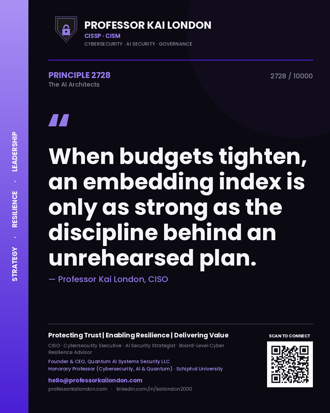 Quote card by Professor Kai London reading 'When budgets tighten, an embedding index is only as strong as the discipline behind an unrehearsed plan.'. From the book The AI Architects.