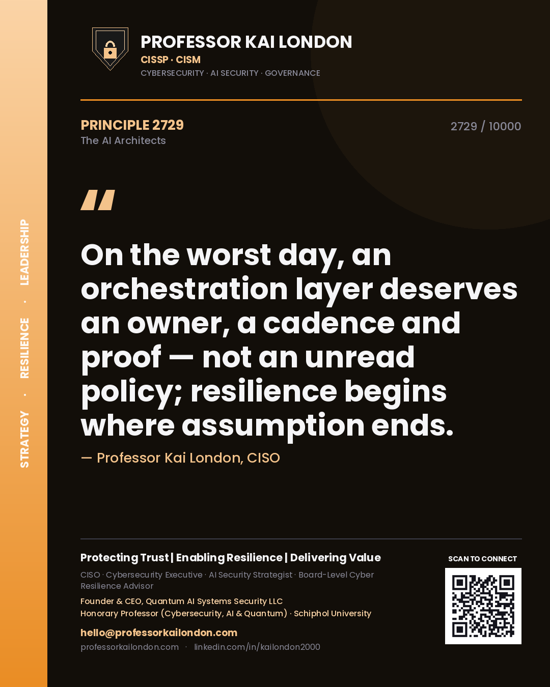 Quote card by Professor Kai London reading 'On the worst day, an orchestration layer deserves an owner, a cadence and proof — not an unread policy; resilience begins where assumption ends.'. From the book The AI Architects.