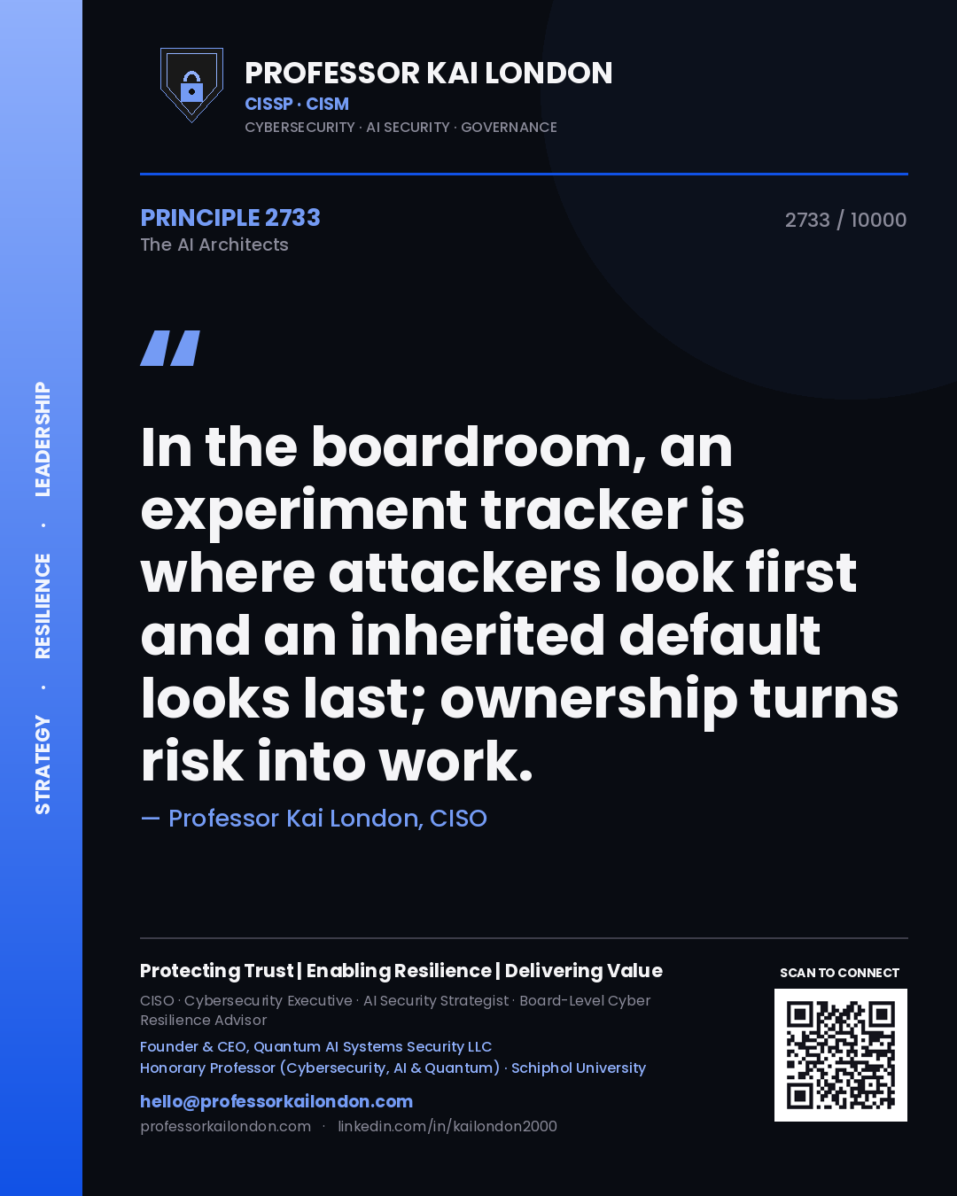 Quote card by Professor Kai London reading 'In the boardroom, an experiment tracker is where attackers look first and an inherited default looks last; ownership turns risk into work.'. From the book The AI Architects.