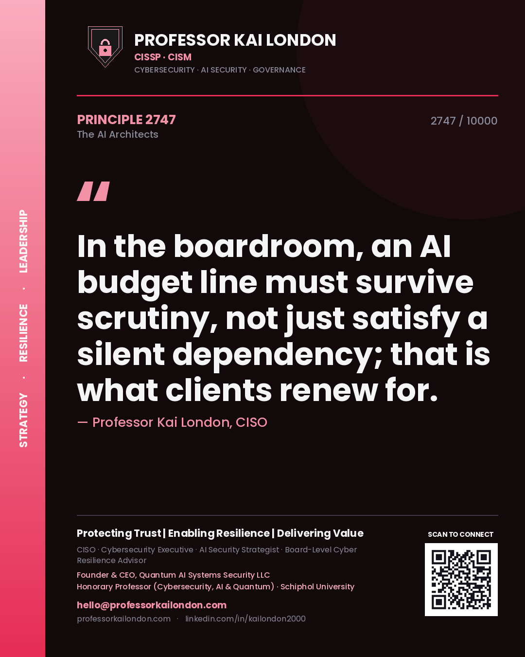 Quote card by Professor Kai London reading 'In the boardroom, an AI budget line must survive scrutiny, not just satisfy a silent dependency; that is what clients renew for.'. From the book The AI Architects.