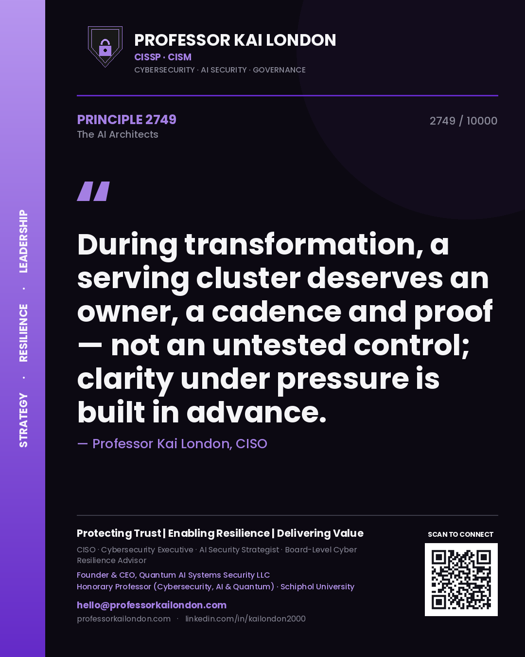 Quote card by Professor Kai London reading 'During transformation, a serving cluster deserves an owner, a cadence and proof — not an untested control; clarity under pressure is built in advance.'. From the book The AI Architects.