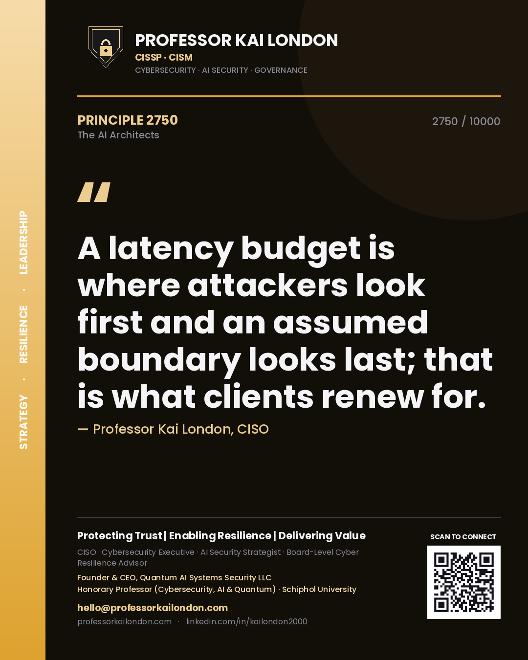 Quote card by Professor Kai London reading 'A latency budget is where attackers look first and an assumed boundary looks last; that is what clients renew for.'. From the book The AI Architects.