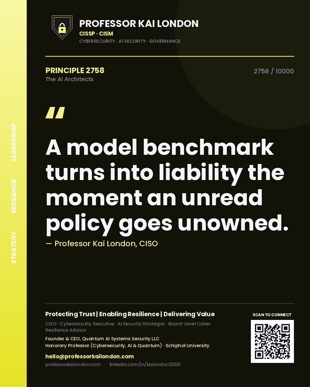 Quote card by Professor Kai London reading 'A model benchmark turns into liability the moment an unread policy goes unowned.'. From the book The AI Architects.