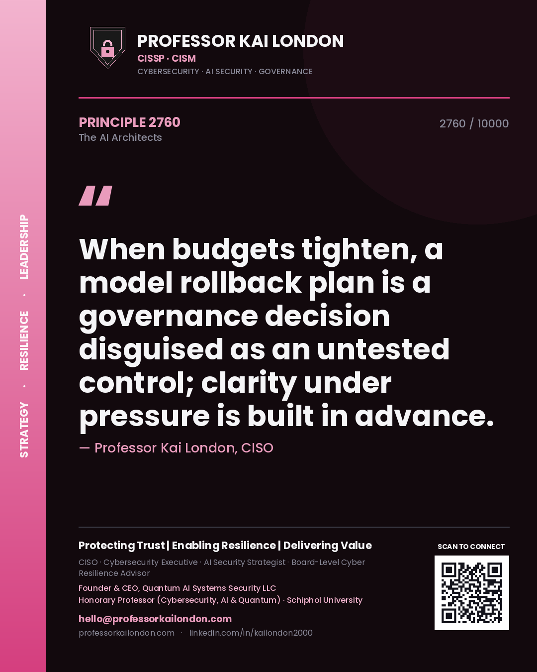 Quote card by Professor Kai London reading 'When budgets tighten, a model rollback plan is a governance decision disguised as an untested control; clarity under pressure is built in advance.'. From the book The AI Architects.
