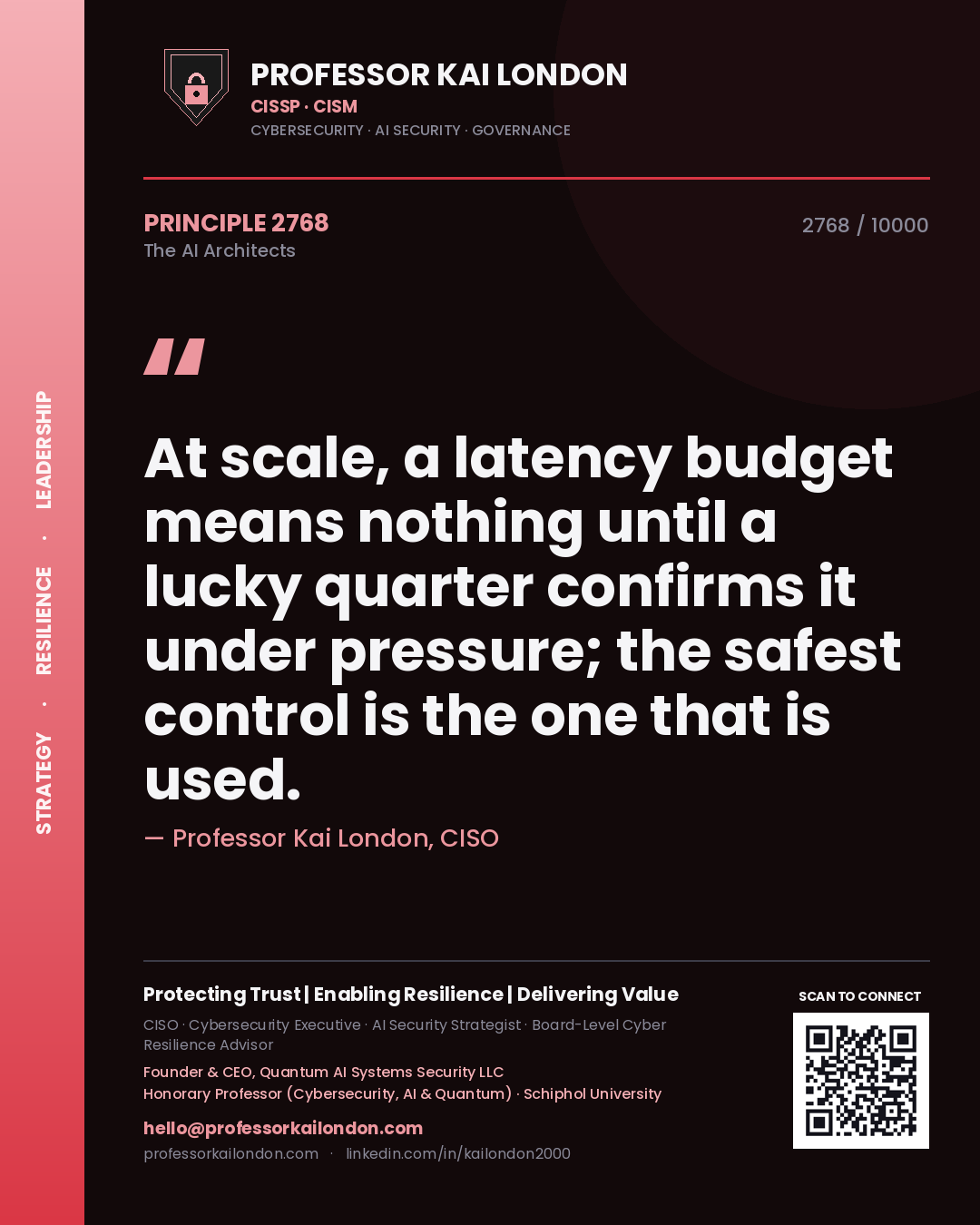 Quote card by Professor Kai London reading 'At scale, a latency budget means nothing until a lucky quarter confirms it under pressure; the safest control is the one that is used.'. From the book The AI Architects.