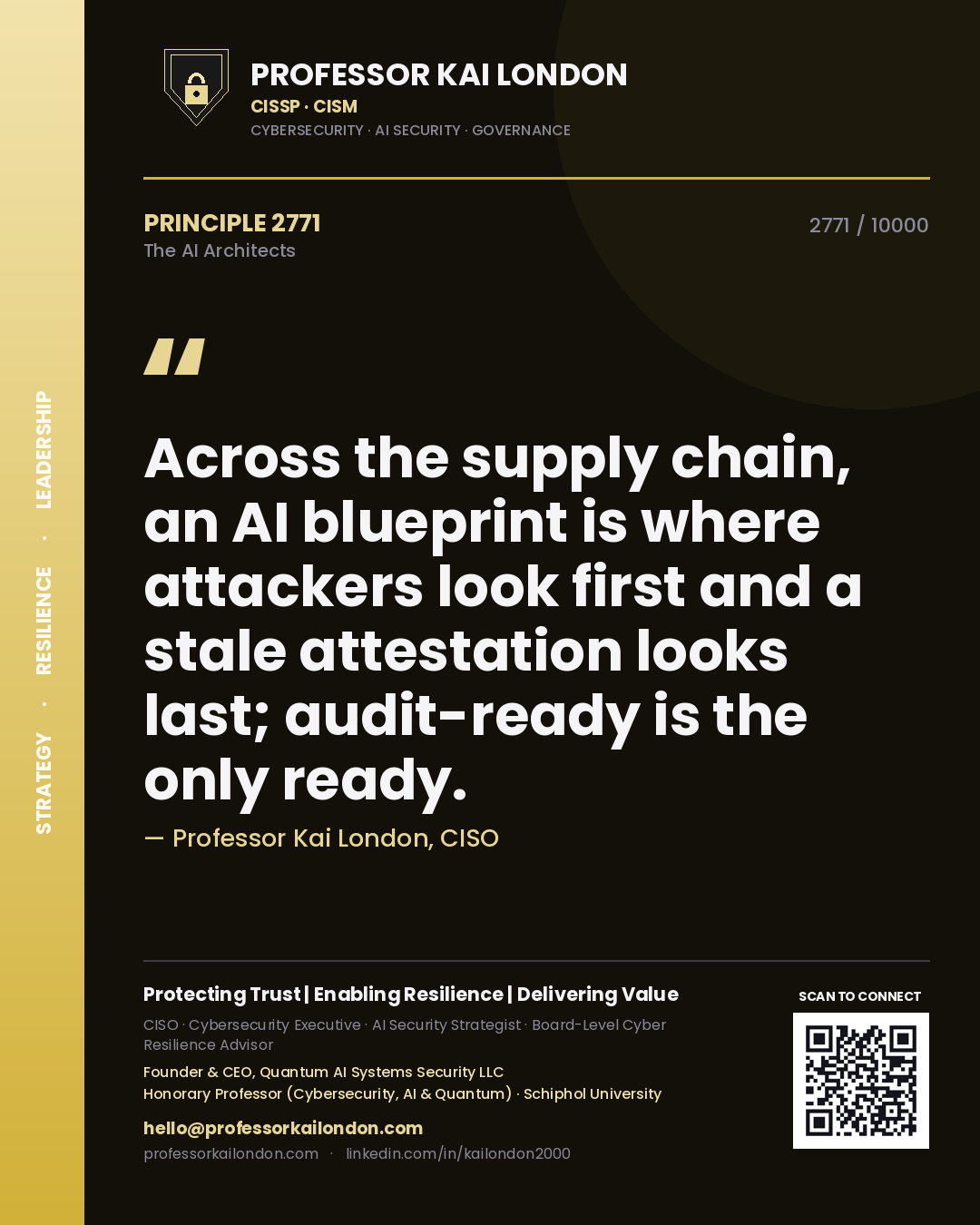 Quote card by Professor Kai London reading 'Across the supply chain, an AI blueprint is where attackers look first and a stale attestation looks last; audit-ready is the only ready.'. From the book The AI Architects.