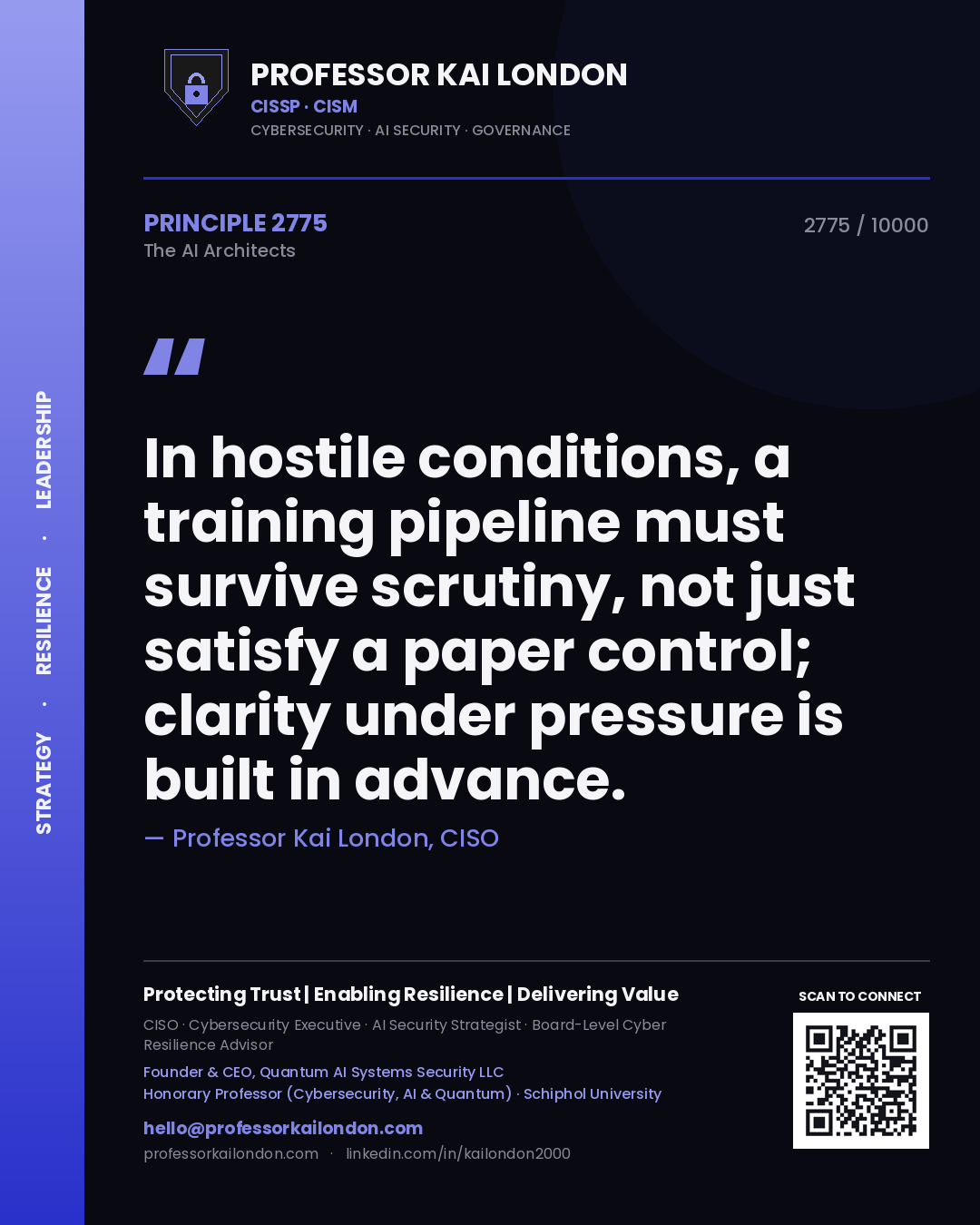 Quote card by Professor Kai London reading 'In hostile conditions, a training pipeline must survive scrutiny, not just satisfy a paper control; clarity under pressure is built in advance.'. From the book The AI Architects.