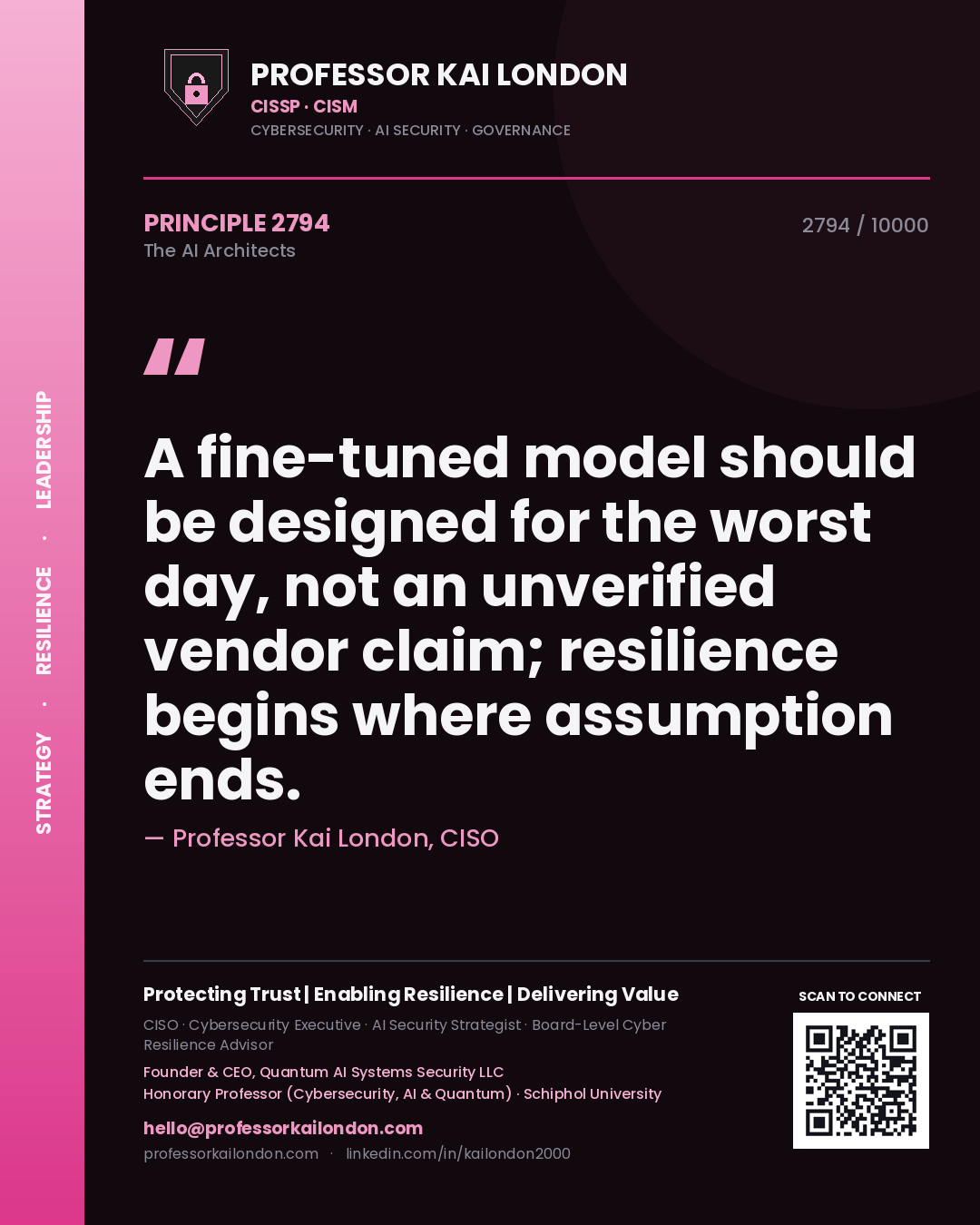 Quote card by Professor Kai London reading 'A fine-tuned model should be designed for the worst day, not an unverified vendor claim; resilience begins where assumption ends.'. From the book The AI Architects.