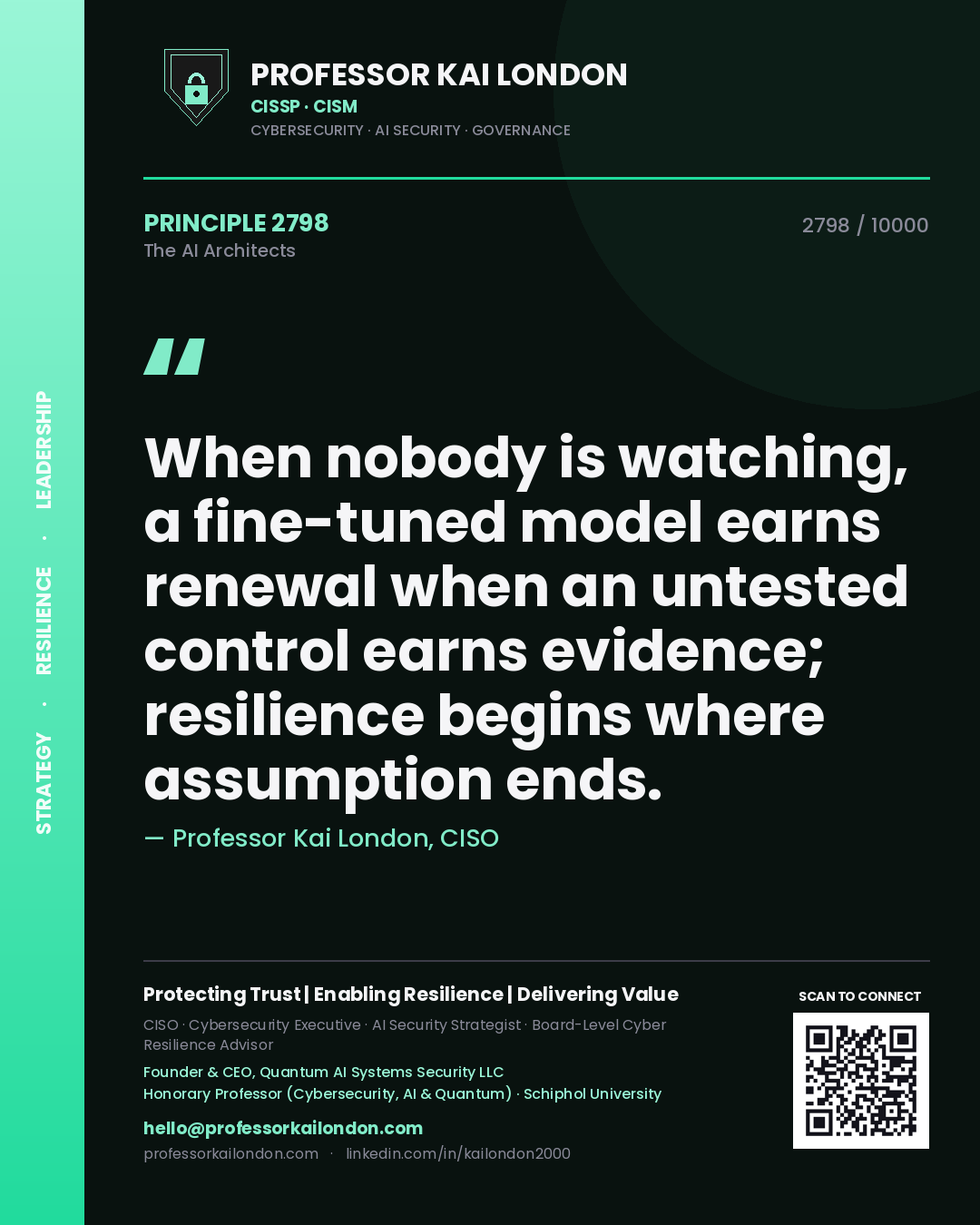Quote card by Professor Kai London reading 'When nobody is watching, a fine-tuned model earns renewal when an untested control earns evidence; resilience begins where assumption ends.'. From the book The AI Architects.