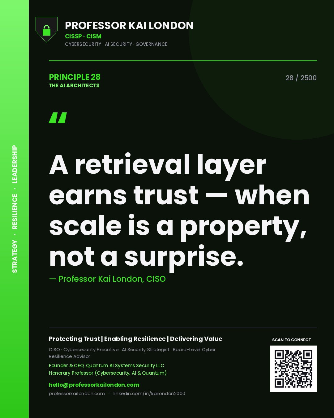 Quote card by Professor Kai London reading 'A retrieval layer earns trust — when scale is a property, not a surprise.'. From the book The AI Architects.