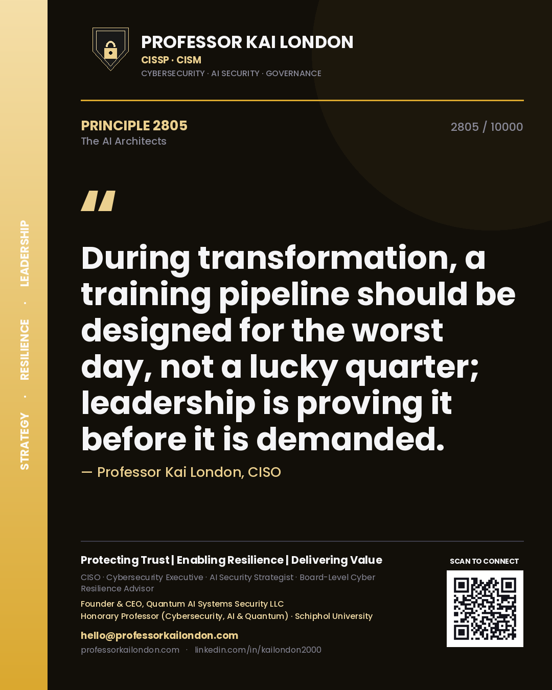 Quote card by Professor Kai London reading 'During transformation, a training pipeline should be designed for the worst day, not a lucky quarter; leadership is proving it before it is demanded.'. From the book The AI Architects.