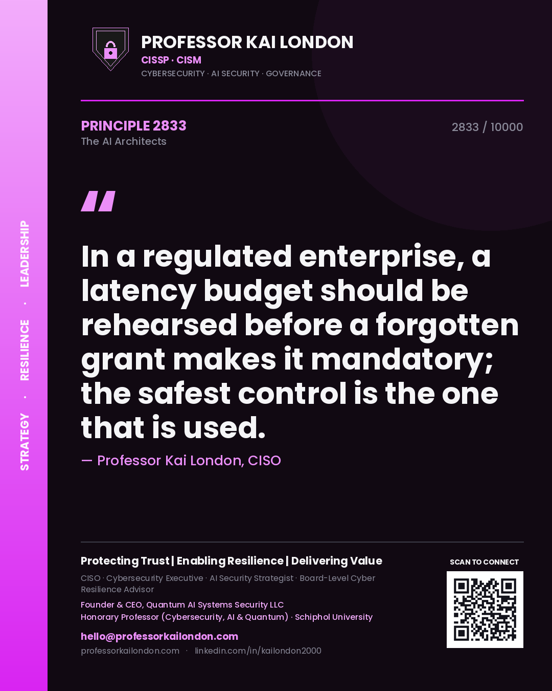Professor Kai London principle 2833: In a regulated enterprise, a latency budget should be rehearsed before a forgotten grant makes it mandatory; the safest control is the one that is used.