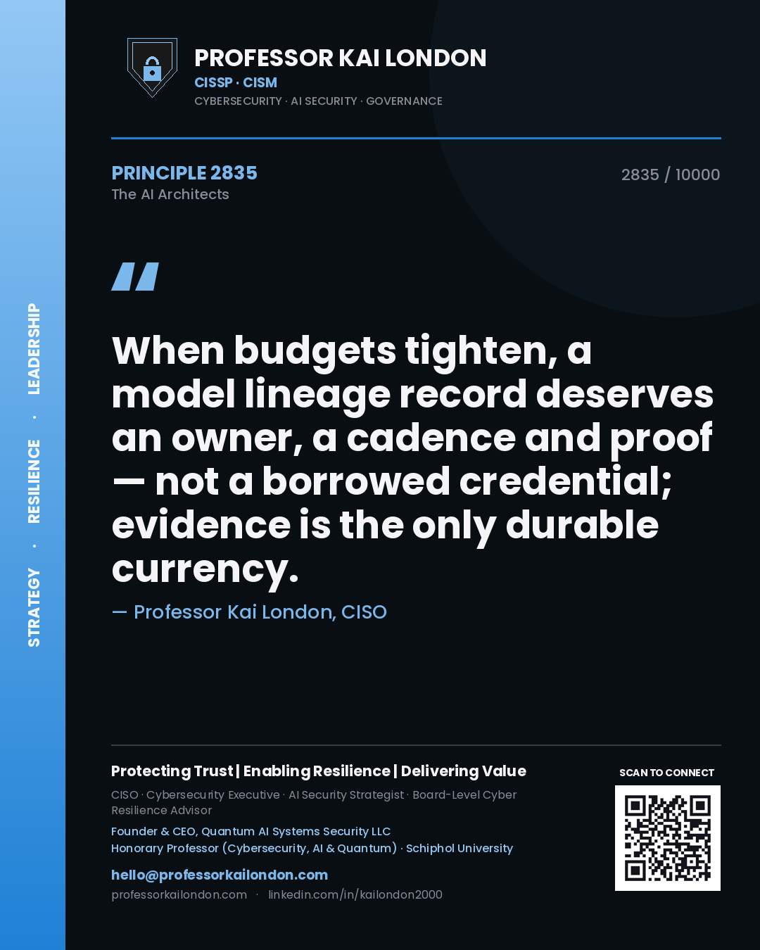 Quote card by Professor Kai London reading 'When budgets tighten, a model lineage record deserves an owner, a cadence and proof — not a borrowed credential; evidence is the only durable currency.'. From the book The AI Architects.
