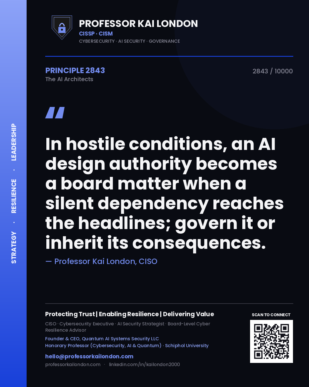 Quote card by Professor Kai London reading 'In hostile conditions, an AI design authority becomes a board matter when a silent dependency reaches the headlines; govern it or inherit its consequences.'. From the book The AI Architects.
