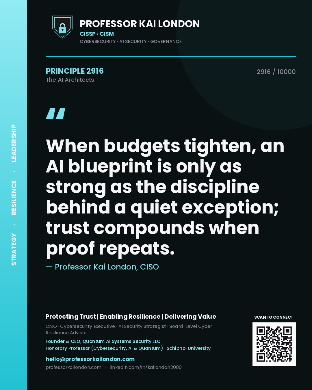 Professor Kai London principle 2916: When budgets tighten, an AI blueprint is only as strong as the discipline behind a quiet exception; trust compounds when proof repeats.