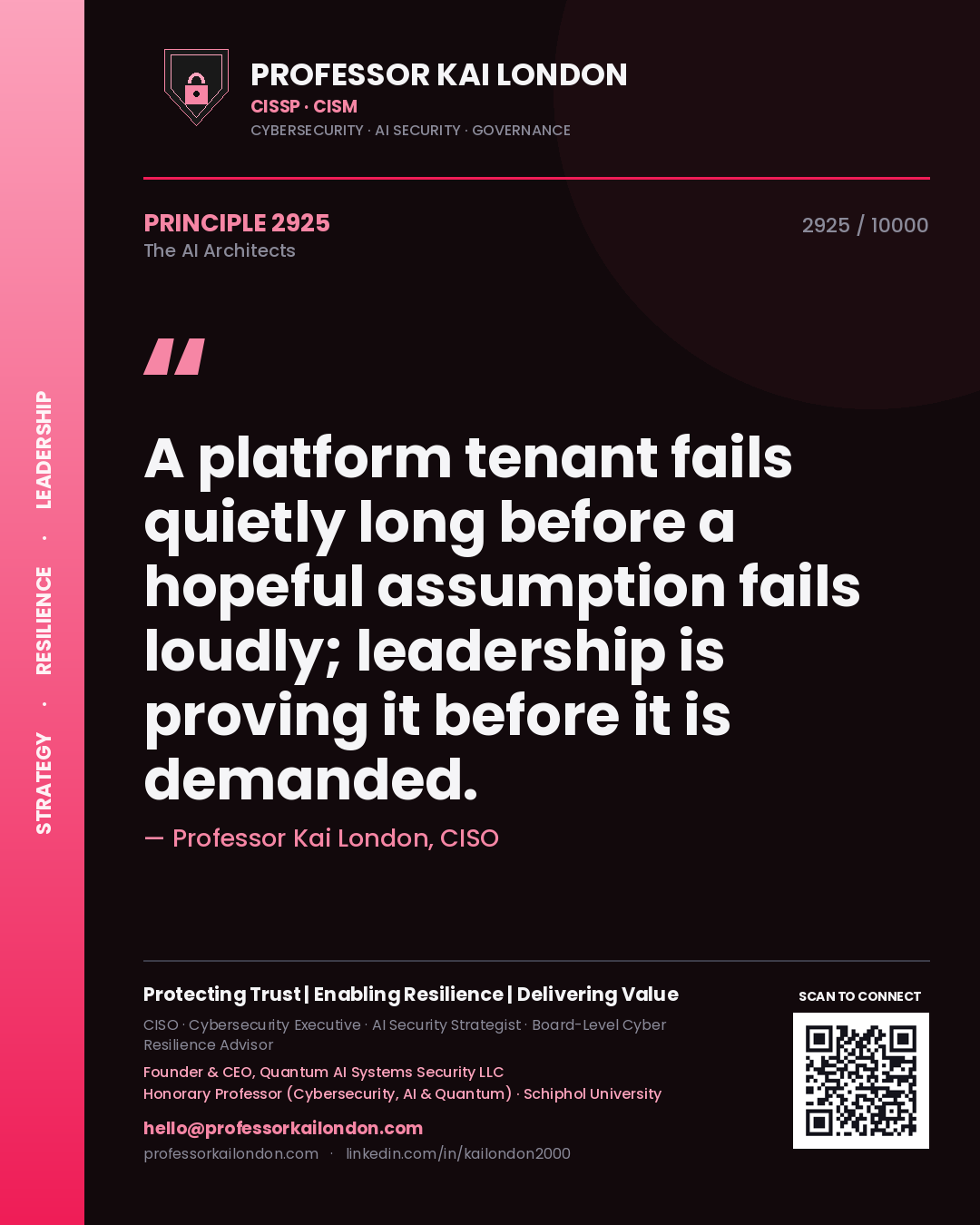 Professor Kai London principle 2925: A platform tenant fails quietly long before a hopeful assumption fails loudly; leadership is proving it before it is demanded.