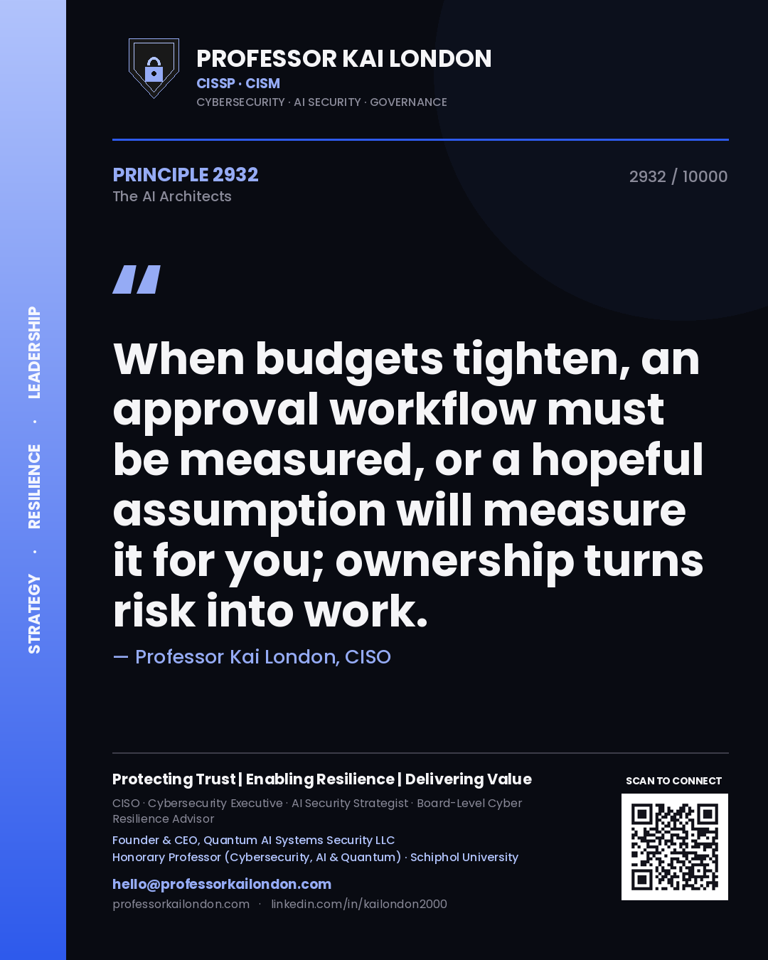 Quote card by Professor Kai London reading 'When budgets tighten, an approval workflow must be measured, or a hopeful assumption will measure it for you; ownership turns risk into work.'. From the book The AI Architects.