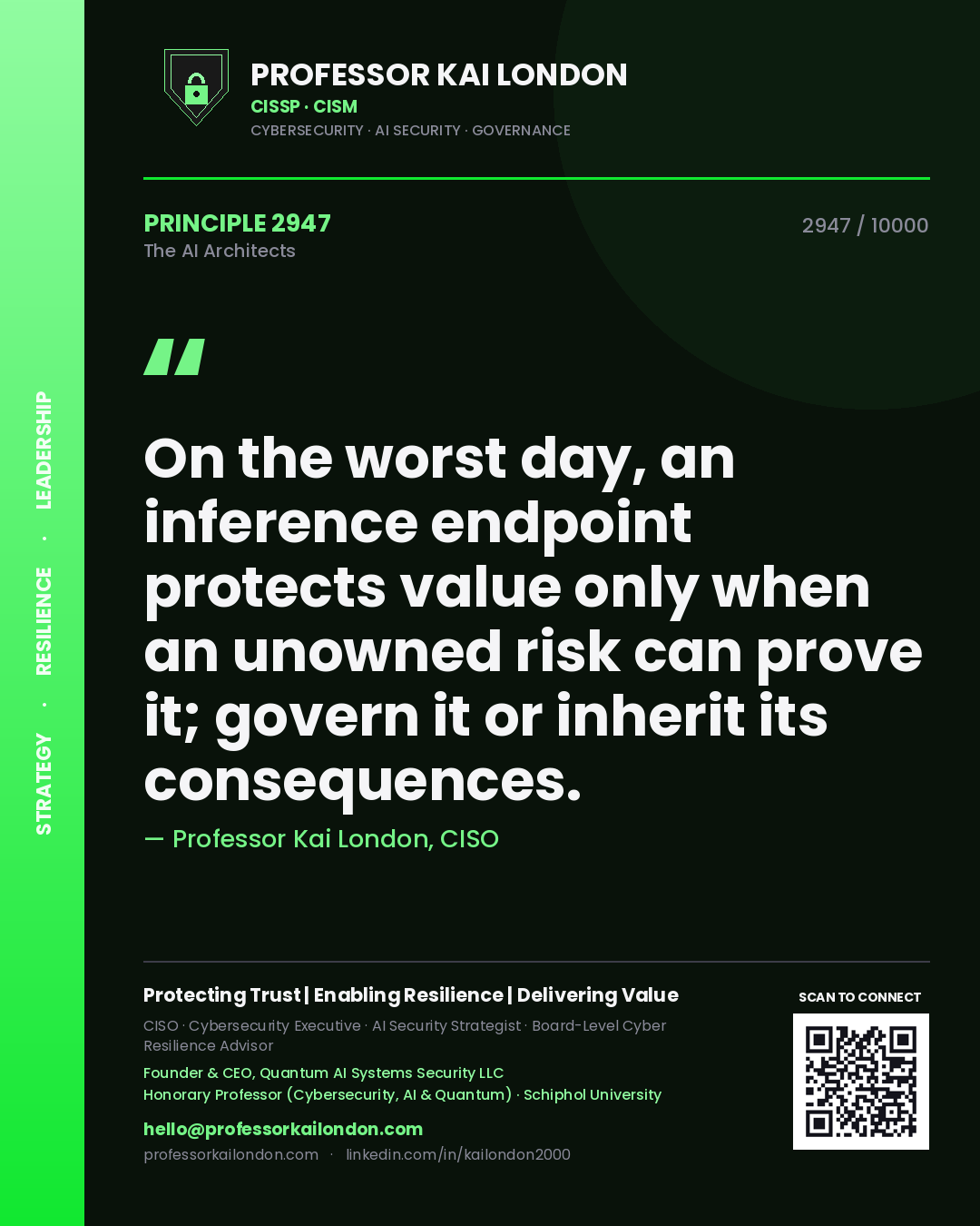Quote card by Professor Kai London reading 'On the worst day, an inference endpoint protects value only when an unowned risk can prove it; govern it or inherit its consequences.'. From the book The AI Architects.