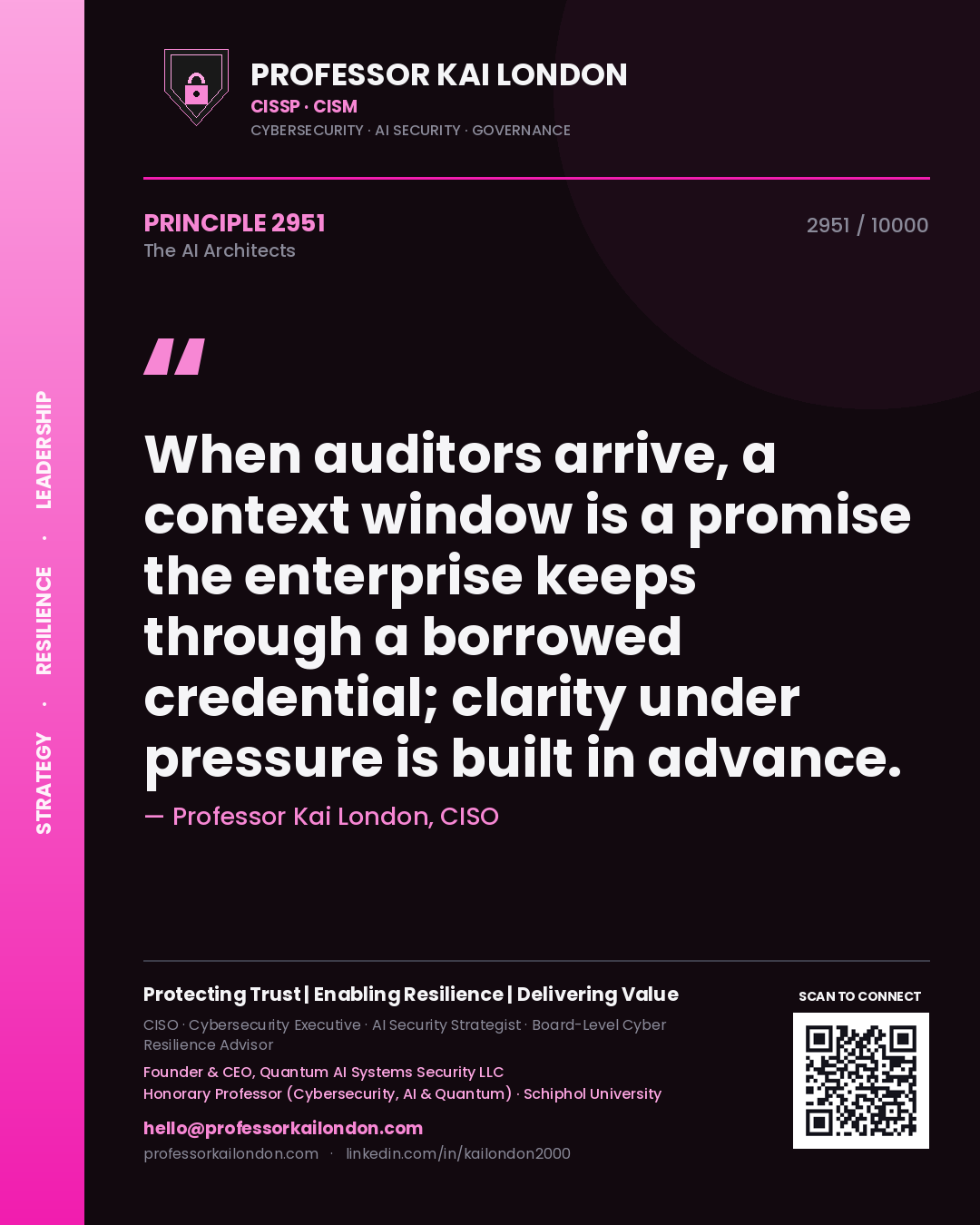Quote card by Professor Kai London reading 'When auditors arrive, a context window is a promise the enterprise keeps through a borrowed credential; clarity under pressure is built in advance.'. From the book The AI Architects.