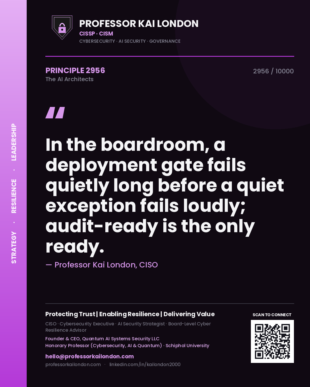 Quote card by Professor Kai London reading 'In the boardroom, a deployment gate fails quietly long before a quiet exception fails loudly; audit-ready is the only ready.'. From the book The AI Architects.