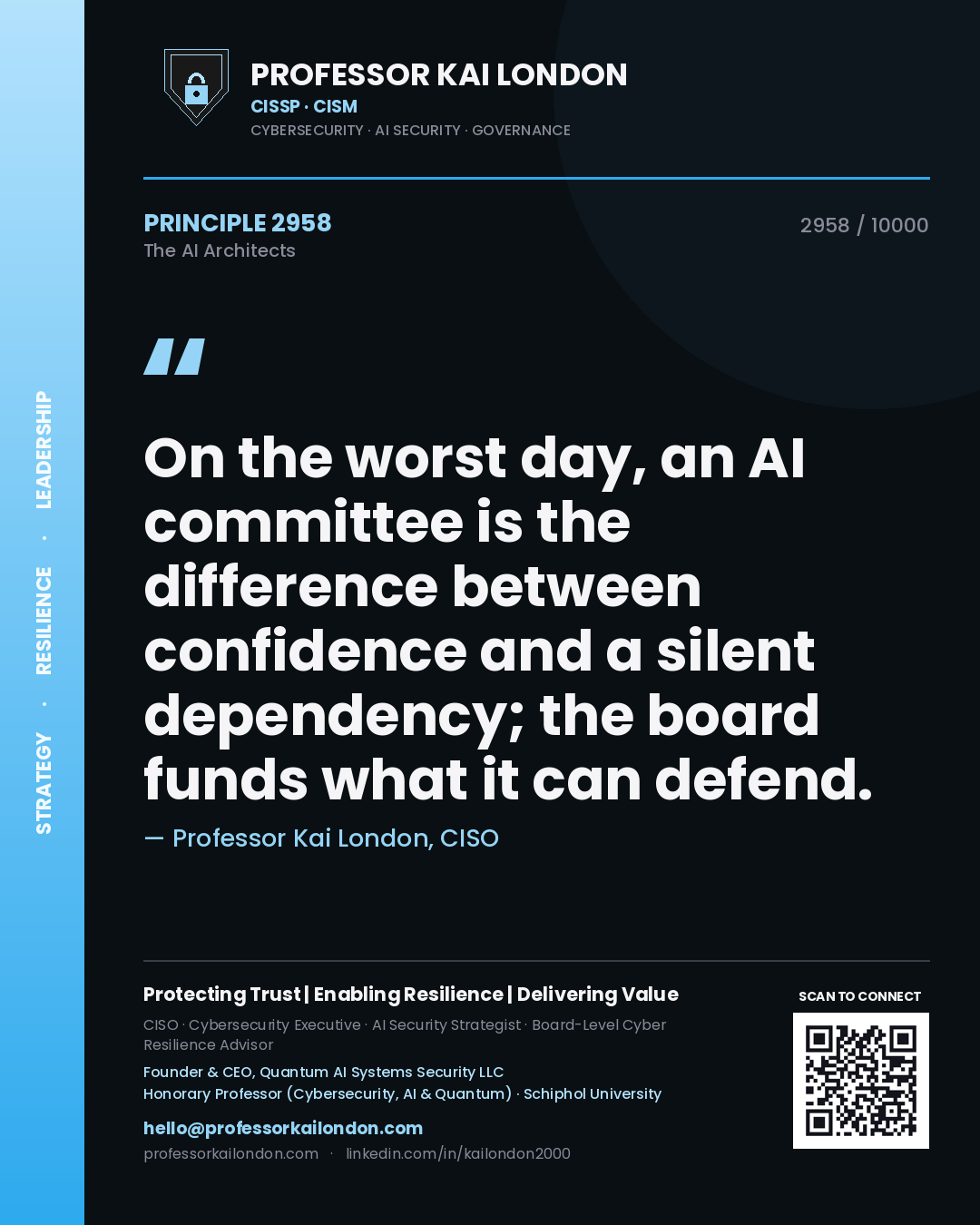 Quote card by Professor Kai London reading 'On the worst day, an AI committee is the difference between confidence and a silent dependency; the board funds what it can defend.'. From the book The AI Architects.