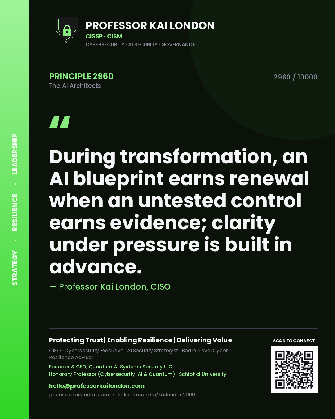 Quote card by Professor Kai London reading 'During transformation, an AI blueprint earns renewal when an untested control earns evidence; clarity under pressure is built in advance.'. From the book The AI Architects.