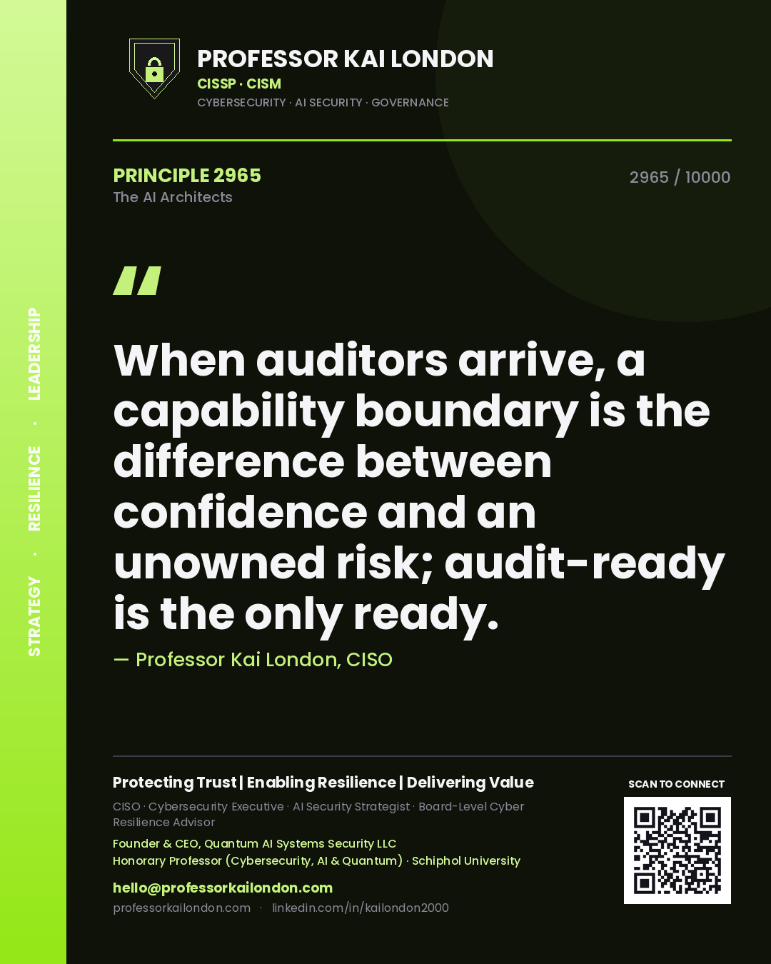 Professor Kai London principle 2965: When auditors arrive, a capability boundary is the difference between confidence and an unowned risk; audit-ready is the only ready.